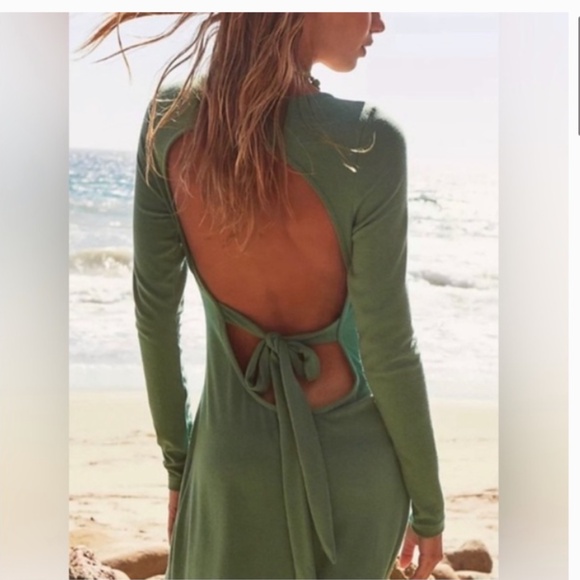 Free People FP Beach Maxi Midid Open Back Tie Dress Long Sleeve Medium Med - Picture 2 of 5
